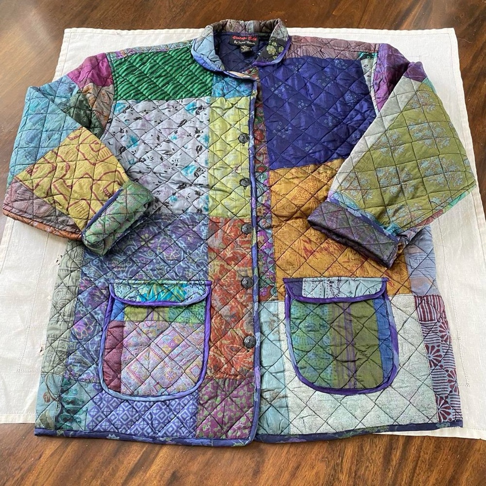 Vintage Sacred Threads Hippie Boho Festival Earthy Silk Patchwork Jacket Sz M/L
